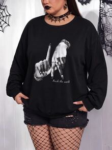 SHEIN CURVE+ 大尺碼 22W 休閒極簡印花圖案圓領衛衣，適合秋冬穿著 - 黑色 - 查看 3