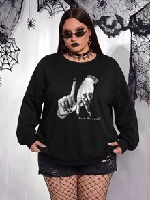 SHEIN CURVE+ 大尺碼 22W 休閒極簡印花圖案圓領衛衣，適合秋冬穿著 - 黑色 - 查看 5