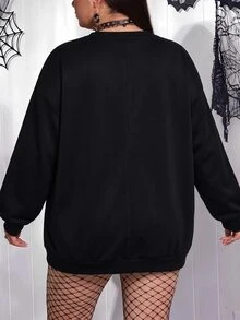 SHEIN CURVE+ 大尺碼 22W 休閒極簡印花圖案圓領衛衣，適合秋冬穿著 - 黑色 - 查看 4
