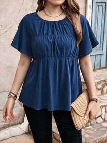 Edennvi Plus Size Round Neck Ruffle Sleeve Shirred Loose Blouse Vacation Office Formal Navy Blue Summer Casual Boho - Blue - View 5