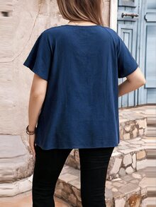 Edennvi Plus Size Round Neck Ruffle Sleeve Shirred Loose Blouse Vacation Office Formal Navy Blue Summer Casual Boho - Blue - View 2