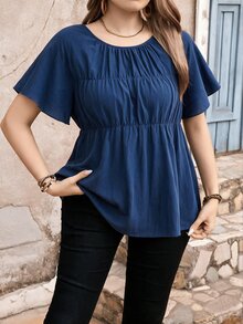 Edennvi Plus Size Round Neck Ruffle Sleeve Shirred Loose Blouse Vacation Office Formal Navy Blue Summer Casual Boho - Blue - View 6