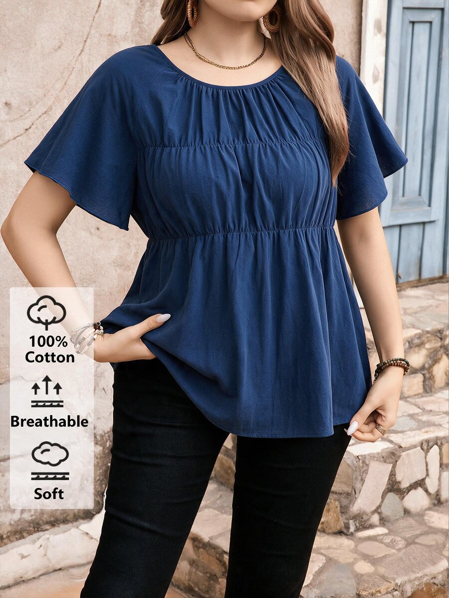 Edennvi Plus Size Round Neck Ruffle Sleeve Shirred Loose Blouse Vacation Office Formal Navy Blue Summer Casual Boho - Blue - View 1