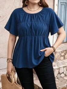 Edennvi Plus Size Round Neck Ruffle Sleeve Shirred Loose Blouse Vacation Office Formal Navy Blue Summer Casual Boho - Blue - View 3