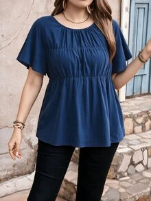 Edennvi Plus Size Round Neck Ruffle Sleeve Shirred Loose Blouse Vacation Office Formal Navy Blue Summer Casual Boho - Blue - View 4