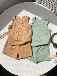 Cozy Pixies 嬰兒男孩嬰兒女孩紋理壓花可愛動物圖案寬鬆背心休閒運動短褲 - 彩色 - 查看 3