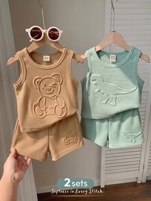 Cozy Pixies 嬰兒男孩嬰兒女孩紋理壓花可愛動物圖案寬鬆背心休閒運動短褲 - 彩色 - 查看 1