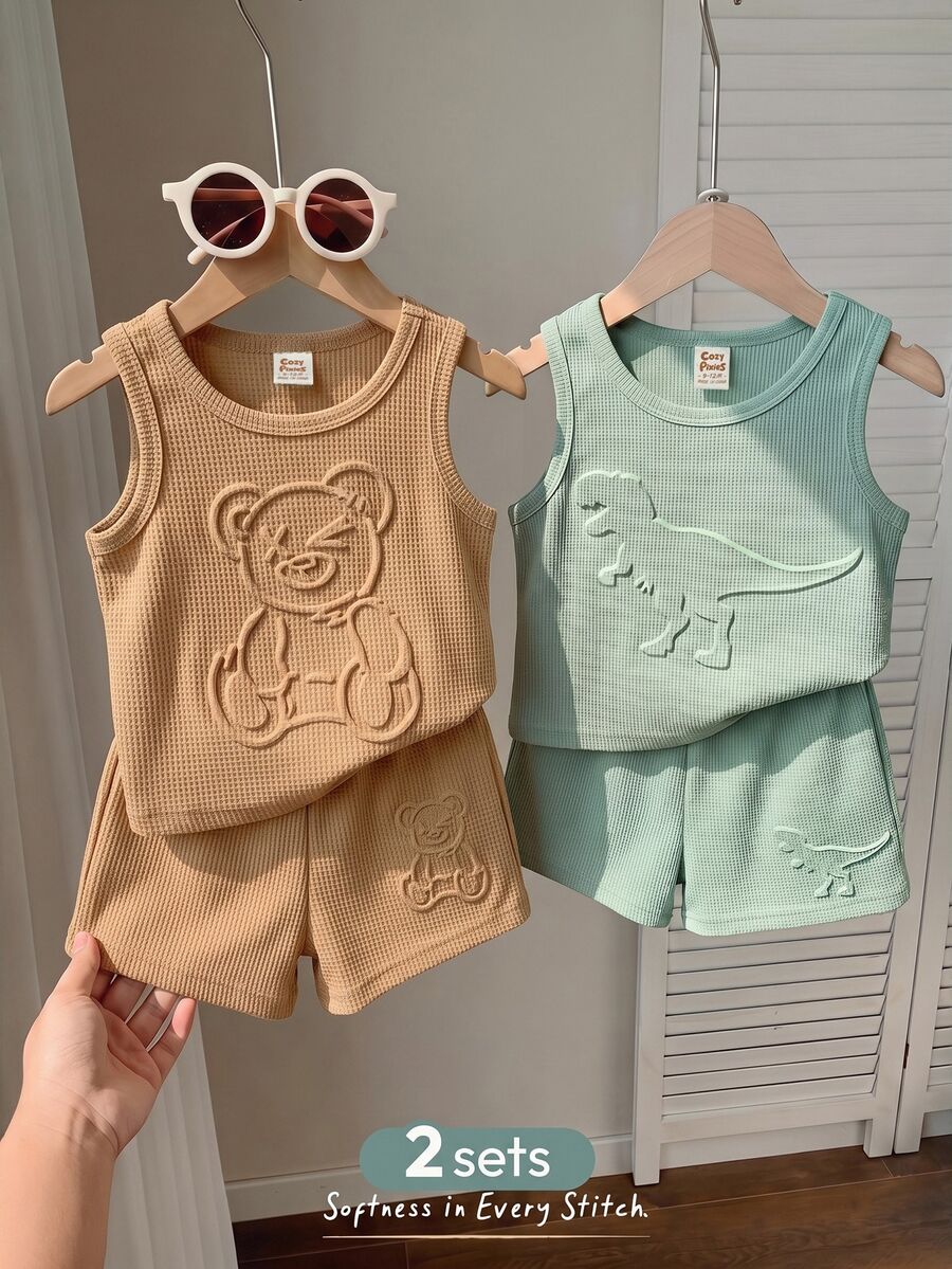 Cozy Pixies 嬰兒男孩嬰兒女孩紋理壓花可愛動物圖案寬鬆背心休閒運動短褲 - 彩色 - 查看 1