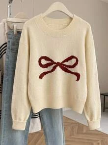 Teen Girl Bow Pattern Round Neck Long Sleeve Casual Autumn Sweater - Apricot - View 2