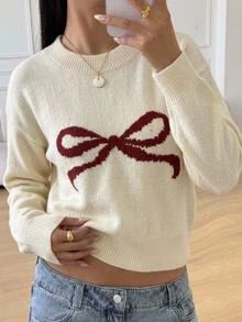 Teen Girl Bow Pattern Round Neck Long Sleeve Casual Autumn Sweater - Apricot - View 4