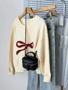 Teen Girl Bow Pattern Round Neck Long Sleeve Casual Autumn Sweater - Apricot - View 3