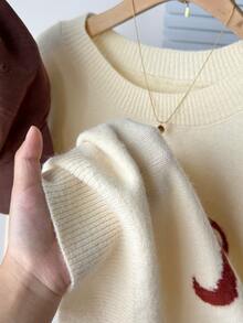 Teen Girl Bow Pattern Round Neck Long Sleeve Casual Autumn Sweater - Apricot - View 7