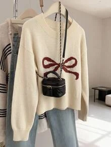 Teen Girl Bow Pattern Round Neck Long Sleeve Casual Autumn Sweater - Apricot - View 1