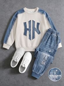 Boys (Small) Sweatshirt Set, Main Body Cream White With Denim Blue Shoulder And Sleeve Patchwork, Denim Effect Lettering On Chest, Ribbed Cuffs And Hem In Original Color, Pants With Multiple Faux Distressed Ripped And Patchwork Decorations, Dark Blue Ribbed Cuffed Hem - Multicolor - View 4