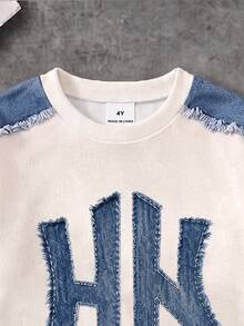 Boys (Small) Sweatshirt Set, Main Body Cream White With Denim Blue Shoulder And Sleeve Patchwork, Denim Effect Lettering On Chest, Ribbed Cuffs And Hem In Original Color, Pants With Multiple Faux Distressed Ripped And Patchwork Decorations, Dark Blue Ribbed Cuffed Hem - Multicolor - View 5