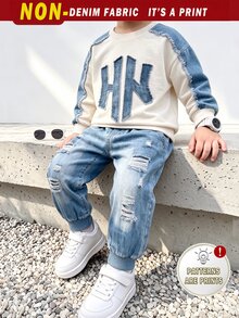 Boys (Small) Sweatshirt Set, Main Body Cream White With Denim Blue Shoulder And Sleeve Patchwork, Denim Effect Lettering On Chest, Ribbed Cuffs And Hem In Original Color, Pants With Multiple Faux Distressed Ripped And Patchwork Decorations, Dark Blue Ribbed Cuffed Hem - Multicolor - View 1