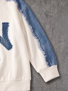Boys (Small) Sweatshirt Set, Main Body Cream White With Denim Blue Shoulder And Sleeve Patchwork, Denim Effect Lettering On Chest, Ribbed Cuffs And Hem In Original Color, Pants With Multiple Faux Distressed Ripped And Patchwork Decorations, Dark Blue Ribbed Cuffed Hem - Multicolor - View 7
