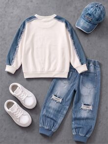 Boys (Small) Sweatshirt Set, Main Body Cream White With Denim Blue Shoulder And Sleeve Patchwork, Denim Effect Lettering On Chest, Ribbed Cuffs And Hem In Original Color, Pants With Multiple Faux Distressed Ripped And Patchwork Decorations, Dark Blue Ribbed Cuffed Hem - Multicolor - View 3