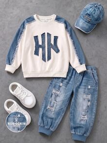 Boys (Small) Sweatshirt Set, Main Body Cream White With Denim Blue Shoulder And Sleeve Patchwork, Denim Effect Lettering On Chest, Ribbed Cuffs And Hem In Original Color, Pants With Multiple Faux Distressed Ripped And Patchwork Decorations, Dark Blue Ribbed Cuffed Hem - Multicolor - View 2