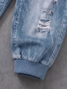 Boys (Small) Sweatshirt Set, Main Body Cream White With Denim Blue Shoulder And Sleeve Patchwork, Denim Effect Lettering On Chest, Ribbed Cuffs And Hem In Original Color, Pants With Multiple Faux Distressed Ripped And Patchwork Decorations, Dark Blue Ribbed Cuffed Hem - Multicolor - View 6