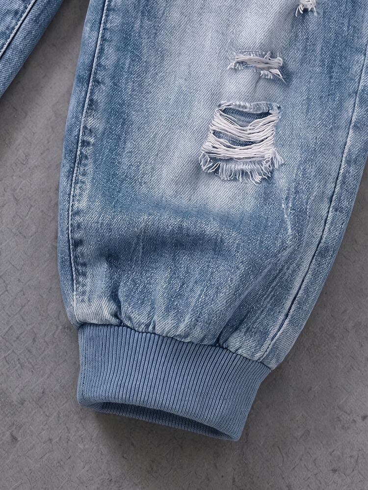 Boys (Small) Sweatshirt Set, Main Body Cream White With Denim Blue Shoulder And Sleeve Patchwork, Denim Effect Lettering On Chest, Ribbed Cuffs And Hem In Original Color, Pants With Multiple Faux Distressed Ripped And Patchwork Decorations, Dark Blue Ribbed Cuffed Hem - Multicolor - View 6