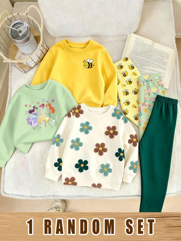 1 Set Random Young Girl Outfit Set,Animal Element Pattern Print Crew Neck Long Sleeve Ribbed Sweatshirt Paired  Matching Pattern Print Long Leggings