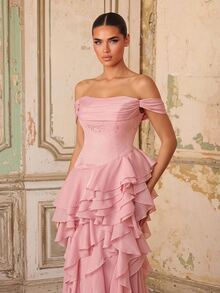 Aureia Elegant Glamorous Fashionable Dark Pink Lace Patchwork Organza Ruffle Ruched Bust Layered Ruffle A-Line Women's Formal Evening Gown - Pink - View 6