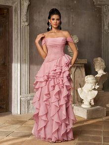 Aureia Elegant Glamorous Fashionable Dark Pink Lace Patchwork Organza Ruffle Ruched Bust Layered Ruffle A-Line Women's Formal Evening Gown - Pink - View 8