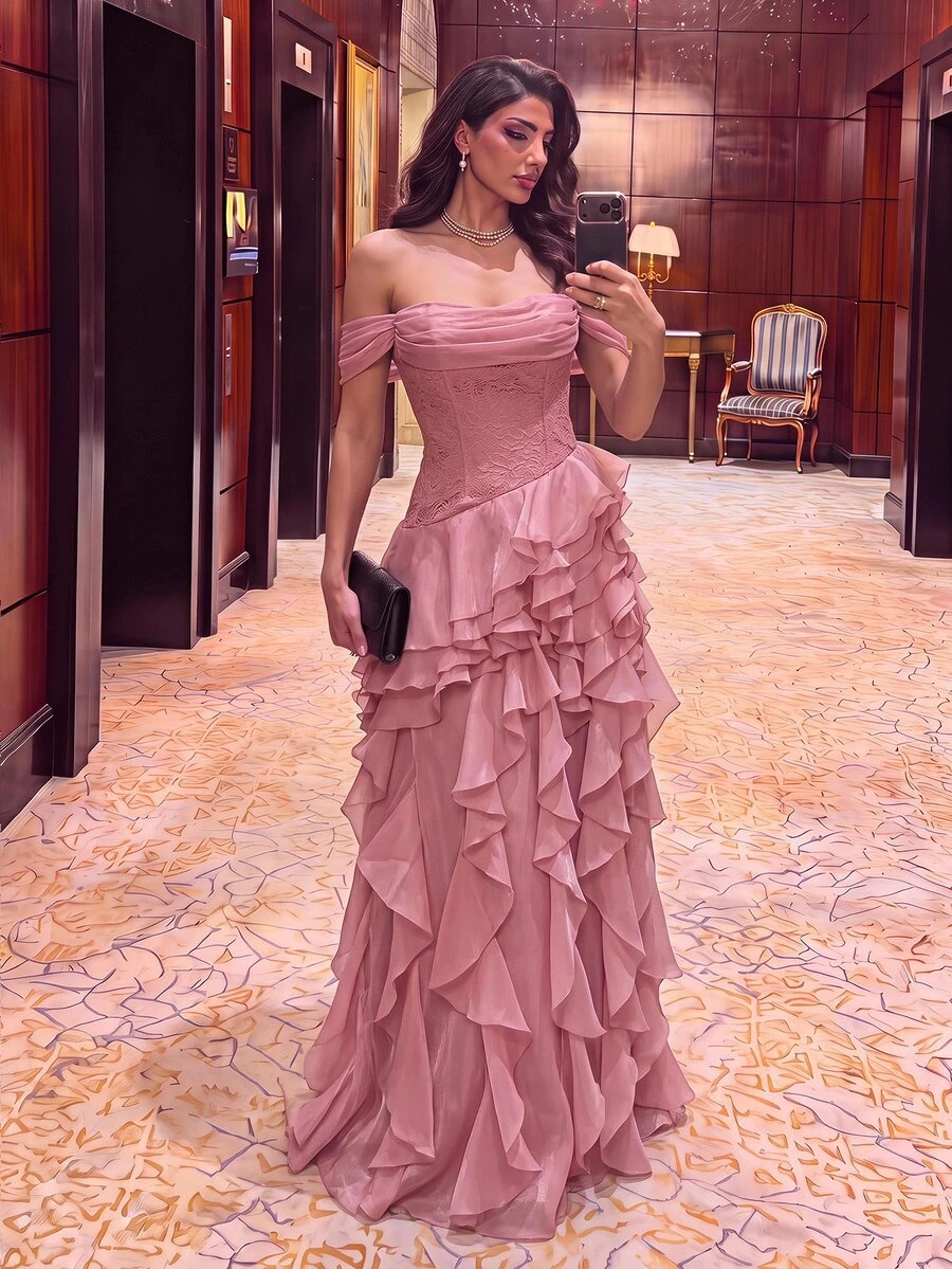 Aureia Elegant Glamorous Fashionable Dark Pink Lace Patchwork Organza Ruffle Ruched Bust Layered Ruffle A-Line Women's Formal Evening Gown
