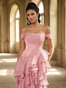 Aureia Elegant Glamorous Fashionable Dark Pink Lace Patchwork Organza Ruffle Ruched Bust Layered Ruffle A-Line Women's Formal Evening Gown - Pink - View 9
