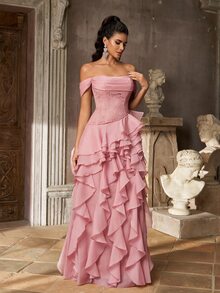 Aureia Elegant Glamorous Fashionable Dark Pink Lace Patchwork Organza Ruffle Ruched Bust Layered Ruffle A-Line Women's Formal Evening Gown - Pink - View 7