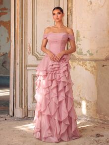 Aureia Elegant Glamorous Fashionable Dark Pink Lace Patchwork Organza Ruffle Ruched Bust Layered Ruffle A-Line Women's Formal Evening Gown - Pink - View 5