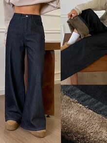 DAZY Women's Autumn/Winter Thermal Lined Straight Leg Jeans - Dark Wash - View 1