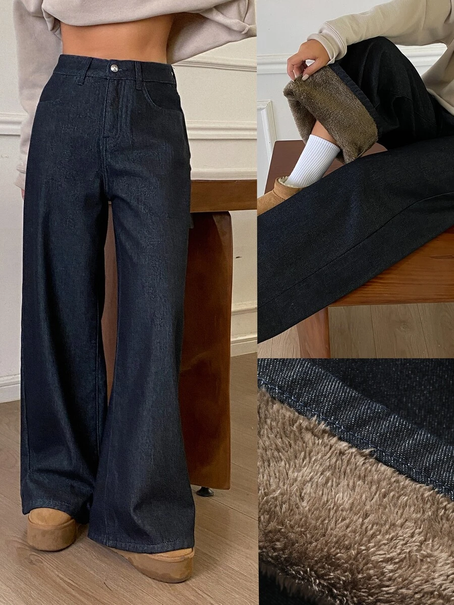 DAZY Women's Autumn/Winter Thermal Lined Straight Leg Jeans - Dark Wash - View 1