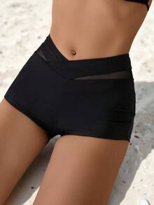 SHEIN Swim Women Summer Sports Mesh Patchwork Shorts - Black - View 1