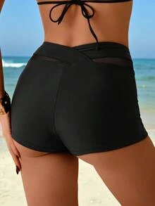 SHEIN Swim Women Summer Sports Mesh Patchwork Shorts - Black - View 2