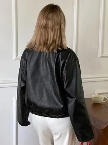 DAZY Autumn/Winter American Style Fur Collar Leather Padded Coat, High-End Silhouette Women's Padded Coat Leather Jacket - Black - View 2