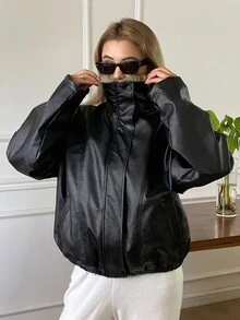 DAZY Autumn/Winter American Style Fur Collar Leather Padded Coat, High-End Silhouette Women's Padded Coat Leather Jacket - Black - View 6