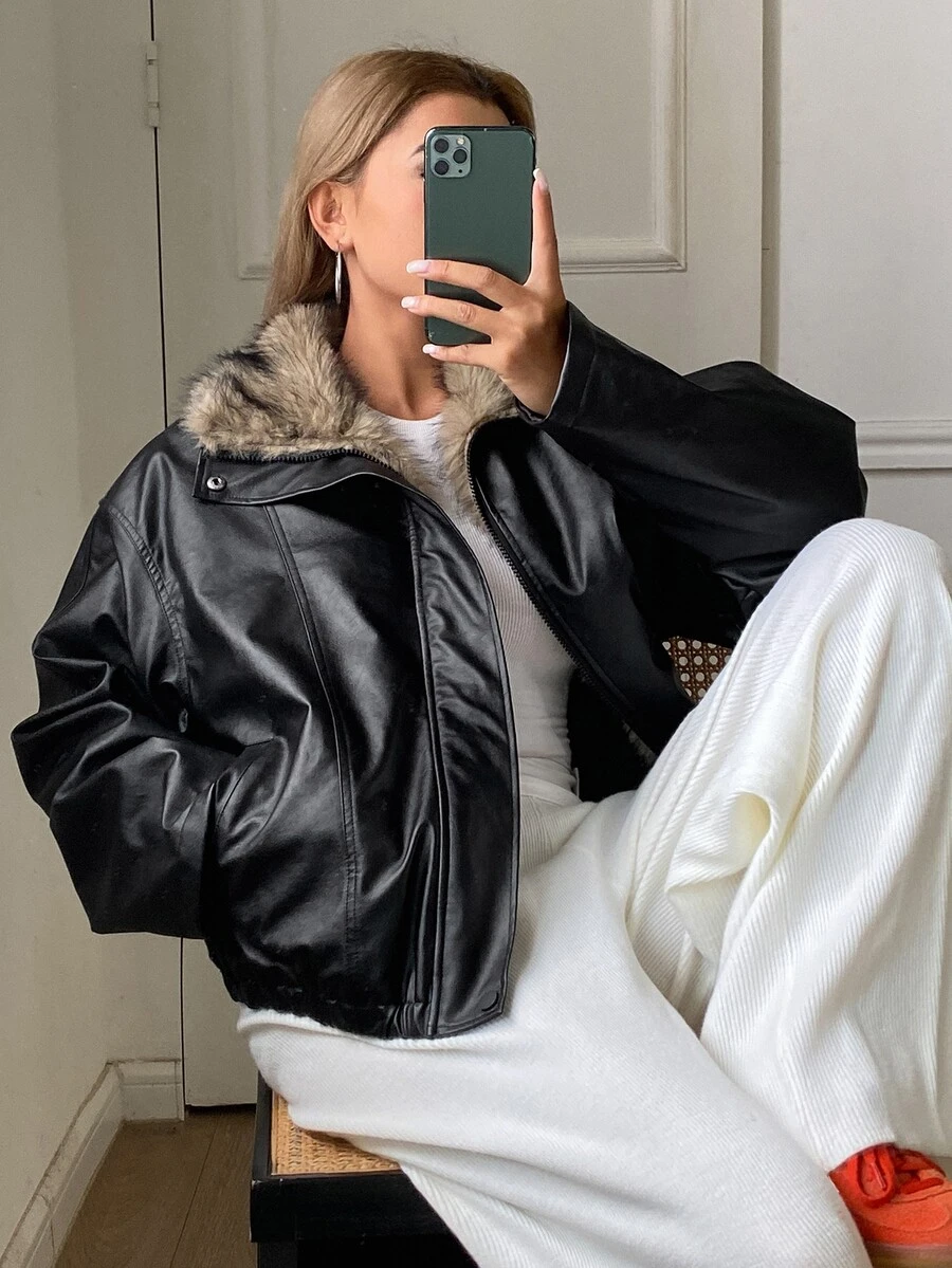 DAZY Autumn/Winter American Style Fur Collar Leather Padded Coat, High-End Silhouette Women's Padded Coat Leather Jacket - Black - View 1