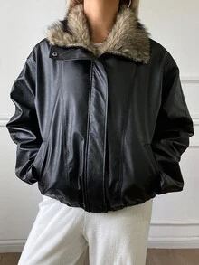 DAZY Autumn/Winter American Style Fur Collar Leather Padded Coat, High-End Silhouette Women's Padded Coat Leather Jacket - Black - View 5