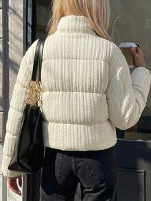 DAZY Women's Winter Premium Short Stand Collar Padded Coat, Korean Style Fashion Loose Slimming Versatile Padded Coat Fall - Beige - View 2