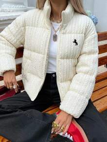 DAZY Women's Winter Premium Short Stand Collar Padded Coat, Korean Style Fashion Loose Slimming Versatile Padded Coat Fall - Beige - View 8
