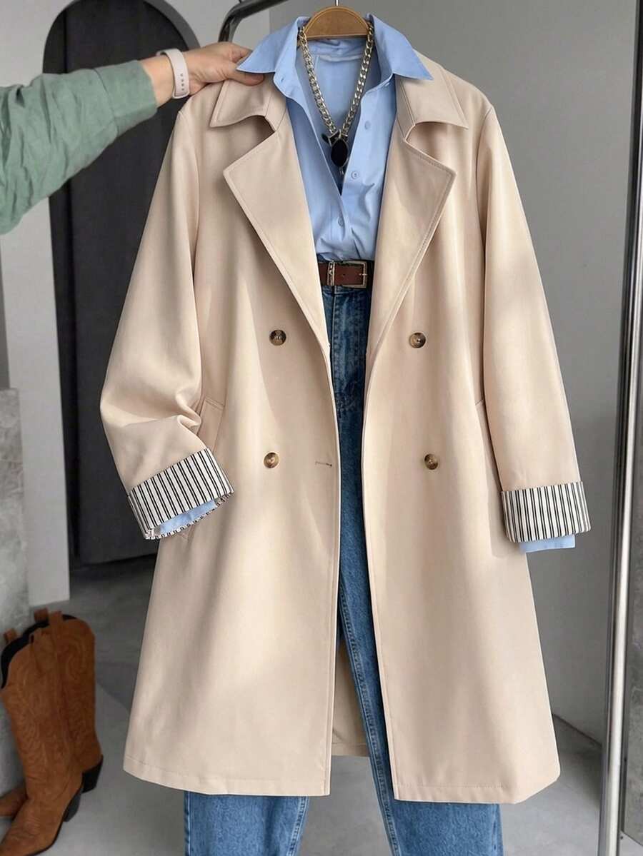 SHEIN Pakaian Musim Gugur untuk Remaja Putri: Mantel Trench Musim Gugur, Jaket Warna Polos, Bergaya, Elegan, dan Sederhana, Sempurna untuk Beraktivitas di Luar Ruangan - Aprikot - View 1