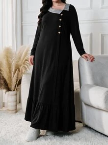 Lacomfia Plus Size Women Black Contrast Lapel Collar Button Placket Long Sleeve Ruffle Hem Loose A Line Dress Fall Halloween Casual Loungewear Home Dress - Black - View 7