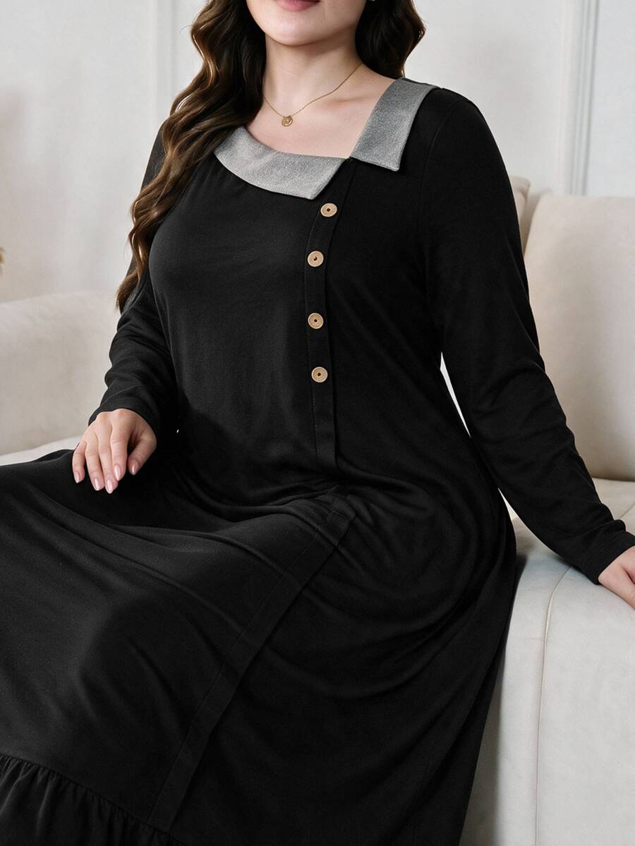 Lacomfia Plus Size Women Black Contrast Lapel Collar Button Placket Long Sleeve Ruffle Hem Loose A Line Dress Fall Halloween Casual Loungewear Home Dress - Black - View 1