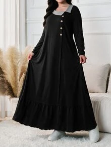 Lacomfia Plus Size Women Black Contrast Lapel Collar Button Placket Long Sleeve Ruffle Hem Loose A Line Dress Fall Halloween Casual Loungewear Home Dress - Black - View 4