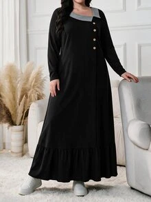 Lacomfia Plus Size Women Black Contrast Lapel Collar Button Placket Long Sleeve Ruffle Hem Loose A Line Dress Fall Halloween Casual Loungewear Home Dress - Black - View 10