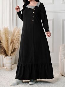 Lacomfia Plus Size Women Black Contrast Lapel Collar Button Placket Long Sleeve Ruffle Hem Loose A Line Dress Fall Halloween Casual Loungewear Home Dress - Black - View 5