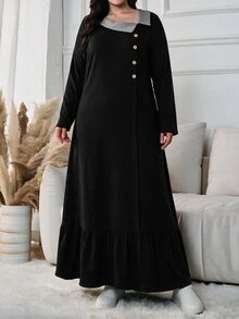 Lacomfia Plus Size Women Black Contrast Lapel Collar Button Placket Long Sleeve Ruffle Hem Loose A Line Dress Fall Halloween Casual Loungewear Home Dress - Black - View 9