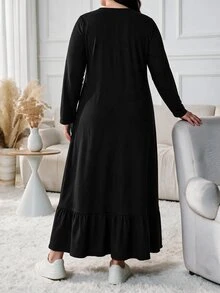 Lacomfia Plus Size Women Black Contrast Lapel Collar Button Placket Long Sleeve Ruffle Hem Loose A Line Dress Fall Halloween Casual Loungewear Home Dress - Black - View 2